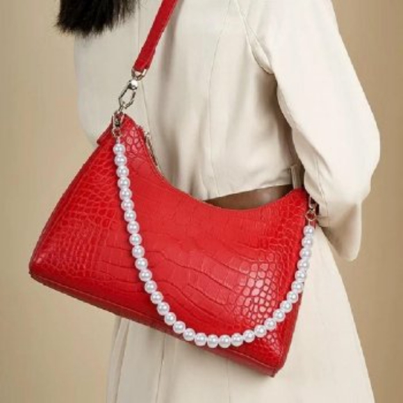 Beautiful Red Leather Pearl Bag